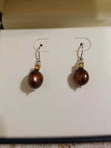 Honora Baroque Dangle Chocolate Pearl with Citrine Stone; Sterling Silver NIB ! - Picture 1 of 4