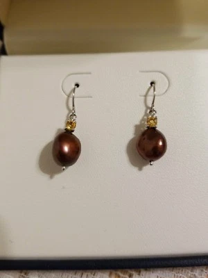 Honora Baroque Dangle Chocolate Pearl with Citrine Stone; Sterling Silver NIB ! - Image 1 of 4