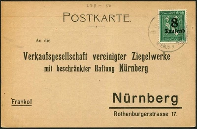 Tarjeta postal hiperinflación Alemania 1923 Markt Erlbach a Nuremberg Mi 278 Foto 1 de 2