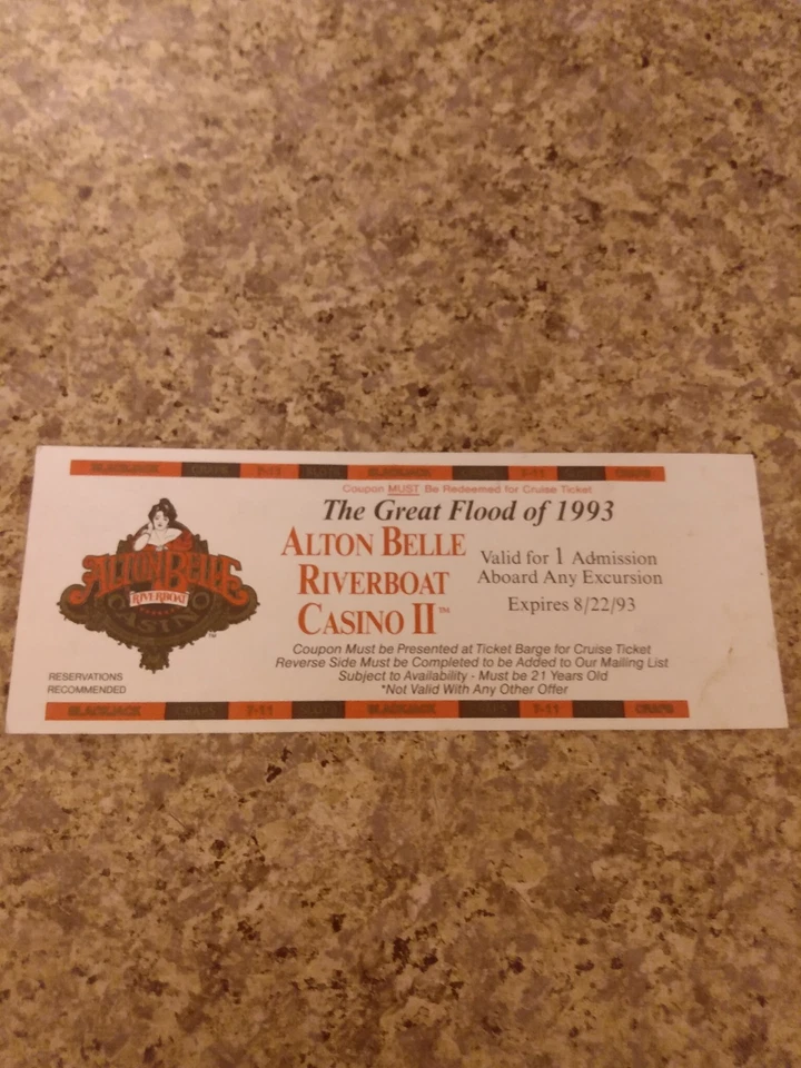 Boleto de embarque de casino 1993 Alton IL Alton Bell Casino The Great Flood of 1993 Foto 1 de 1
