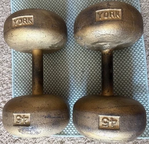 Vintage York Bun Head Dumbbells 45 Lbs Each 90 lbs Total Round Head Gold Paint - Picture 1 of 24