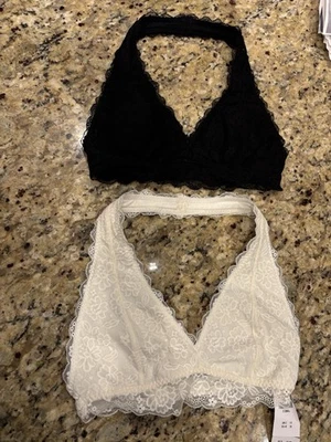 2 Bralettes Gilly Hicks XS Negro y Crema Encaje Halter Inalámbrico Ligeramente Acolchado NUEVO Foto 1 de 3