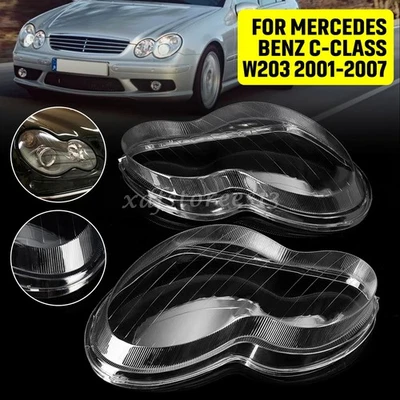 Pair Headlight Lens Cover Replacement For Mercedes Benz C-Class W203 2001-2007 - Image 1 of 4