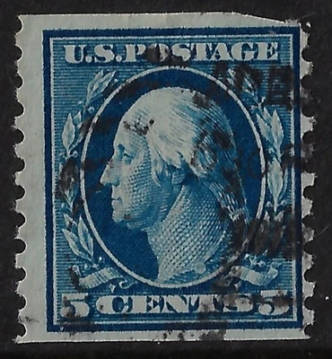 US Scott 447 used CV$ 110. SL wmk, perf 10 vert, 5c blue, Clipped UR. F-VF(a7491 - Image 1 of 3