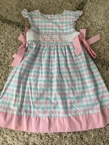 Classic Whimsy Smocked Blue Pink Checked Bunny Rabbit Bow Dress 5 - Picture 1 of 11