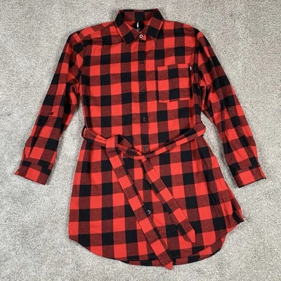 AGNES & DORA Women’s Belted Long Shirt Button Up Buffalo Check Red Black MEDIUM - Image 1 of 4
