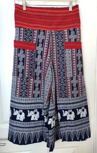Thai Multicolored Palazzo Tribal Trousers with Elephant Pattern (UK Size 8-10) - Picture 1 of 7