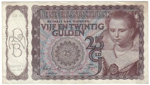 NETHERLANDS 25 GULDEN 1944 PICK 60 LOOK SCANS STRONG PAPER !! - Picture 1 of 2