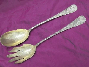 Antique 1800s Bailey Banks Biddle STERLING silver fancy Serving Spoon Fork 12+" - Picture 1 of 15