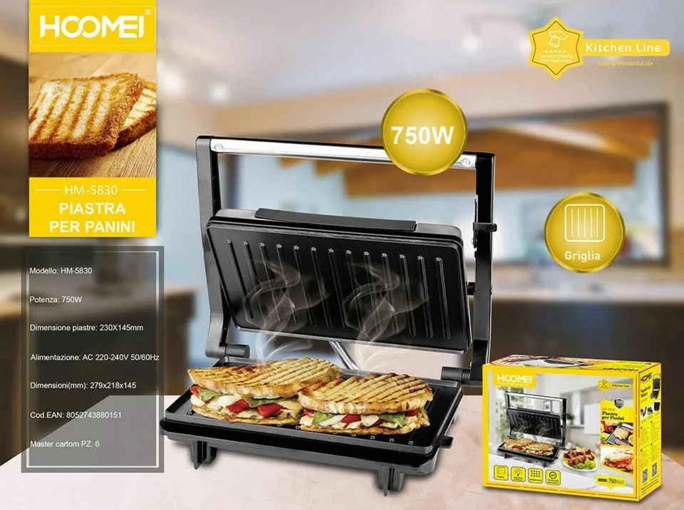 Piastra elettrica per Panini grigliate 750w Hoomei Elettrodomestici Hm-5830