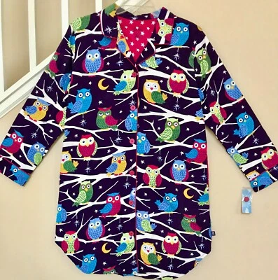 NICK & NORA FLANNEL NIGHTSHIRT GOWN OR ROBE? ● PURPLE NIGHT OWLS ● NWT XL ●RARE  - Image 1 of 4