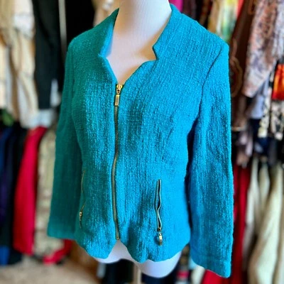 Blazer de trabajo Alfani para mujer Petite 14P turquesa verde azulado bolsillo con cremallera Foto 1 de 4