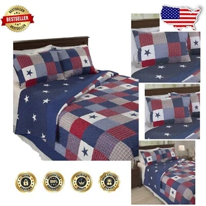 Classic Americana 3-Piece King Quilt Set - Reversible Stars & Navy - Lightweight - Picture 1 of 6