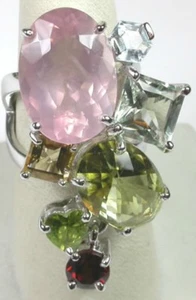 Ring Unusual Rose Quartz Blue Topaz Citrine Garnet Statement Sterling Silver - Picture 1 of 5