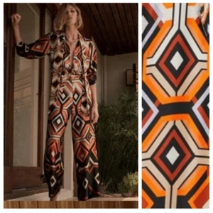 Zara Geometric Print Belted Neck Tie Jumpsuit Black Orange Size S NWT - Picture 1 of 14