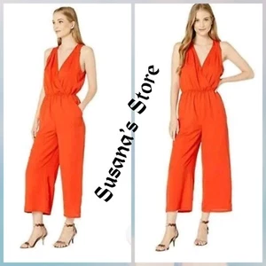 NWT BCBG MAXAZRIA SIZE L Cropped Wide Leg Surplice Jumpsuit Red Clay MSRP $168 - Picture 1 of 9