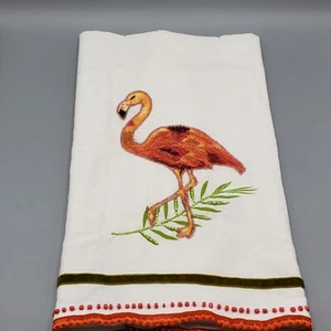 Pier 1 Flamingo Cotton Tea Towel Beaded Accents Velvet Ribbon Trim NWOT - Picture 1 of 12