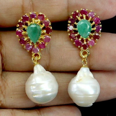 925 Sterling Silver Earrings Pear Emerald 7x5mm Ruby Pearl Gemstone Jewelry - Image 1 of 4
