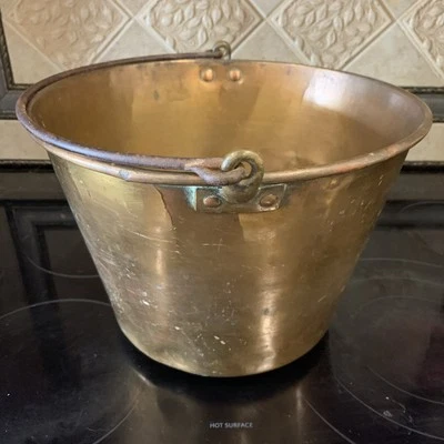 1800'ss E. Miller & Co Primitive Brass Copper Kettle Bucket  9" H x 12" Dia - Image 1 of 4