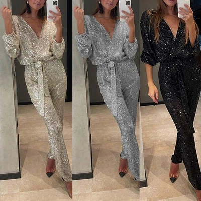 Damen Pailletten Elegant Jumpsuit Overall Cocktail Romper Hosenanzug Party Wear - Bild 1 von 4