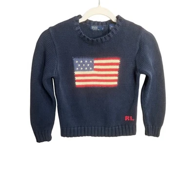 Suéter Polo Ralph Lauren Vintage Unisex Niños Azul Marino Bandera Americana Talla Pequeña 6 Foto 1 de 4