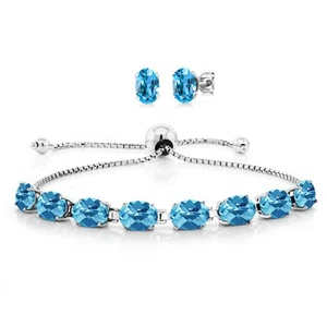 925 Sterling Silver Swiss Blue Topaz Bracelet Earrings Set For Women (10.00 - Picture 1 of 4