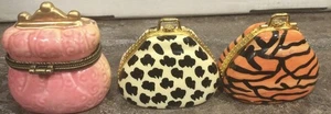 Vintage Keramik aufklappbar vergoldet 3er Set Handtasche Schmuckschatullen mit Schmuck innen Geschenk - Bild 1 von 9