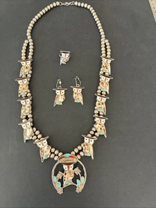 Sterling Silber Zuni Inlay Eule Kürbisblüte Halskette Ring & Ohrringe signiert - Bild 1 von 13