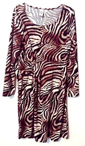 Marc Bouwer Dress L Animal Print Black Brown Bodycon Ruched Stretch Knit Sleeves - Picture 1 of 4