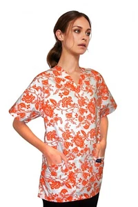 Scrubs Nurse Top NWOT- White & orange flowers ( M, L, XL ) 2 POCKETS - Picture 1 of 2