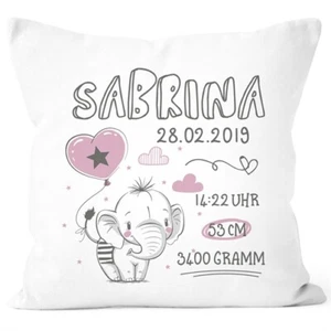 personalisierbares Kissen zur Geburt Elefant Geburtskissen Geschenk Geburt - Picture 1 of 3