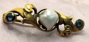Edwardian Lace Pin 10k Pearl and Sapphire - Picture 1 of 4