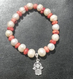 Pulsera Natural Rosa Coral Damas Hecho a Mano Colgante de Plata Hamsa Blanco Perla  - Imagen 1 de 9