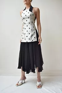JOSH GOOT Black White Silk Jacquard Cutout Back Midi Dress Sz XXS Fits Sz 6 - Picture 1 of 9