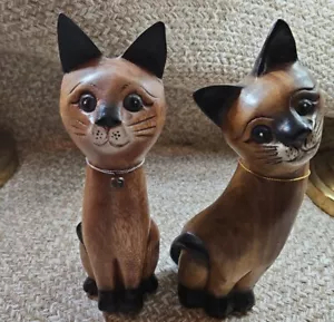 Pair Of 10" Carved Wooden Cats By Wood Family Thailand - Picture 1 of 14