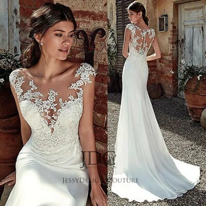 Vestido de novia de encaje vestido de novia vestido de novia ajuste acampanado botones blanco gasa a medida - Imagen 1 de 8