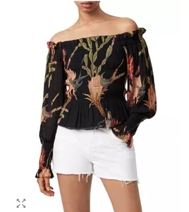 ALLSAINTS Lara Off The Shoulder Chiffon Blouse Black Delicate Floral Print Sz6 - Picture 1 of 5