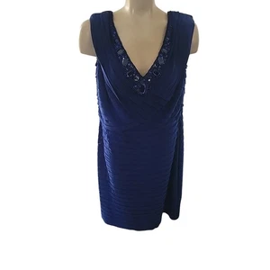 ADRIENNE PAPELL Navy Blue Sleeveless Dress Beaded V-Neck Ruched Cocktail Party - Picture 1 of 11
