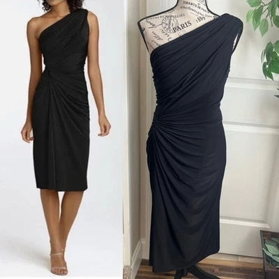 Vestido de Cóctel Tadashi Shoji Un Hombro Drapeado Midi Acanalado Negro Talla M Foto 1 de 4