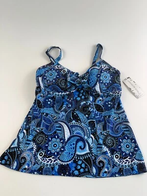 Fashion World Front & Back Knock-Tie Removable Pad Tankini  Navy Paisley  M  NWT - Image 1 of 4