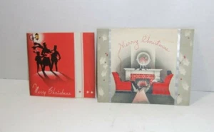 Art Deco Merry Christmas vintage Card Lot Couple and Fireplace Carolers Singing - Picture 1 of 4