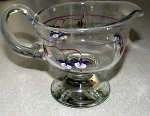 Vintage Crystal Glass Footed Gravy Boat Pitcher With Hand Painted Flowers - Picture 1 of 12