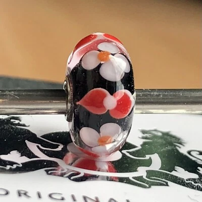 Authentic genuine trollbeads OOAK unique glass bead white red flowers black base - Image 1 of 3