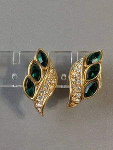 Vintage SAL Swarovski Gold Tone Green Crystal Marquise Pierced Earrings - Picture 1 of 6
