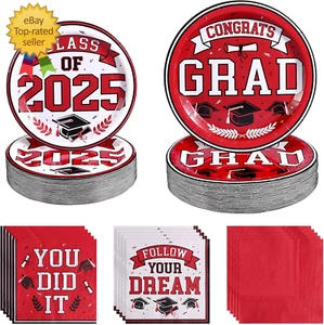 Graduation Plates and Napkins 2025 Red Graduation Decorations Disposable Graduat - Picture 1 of 12