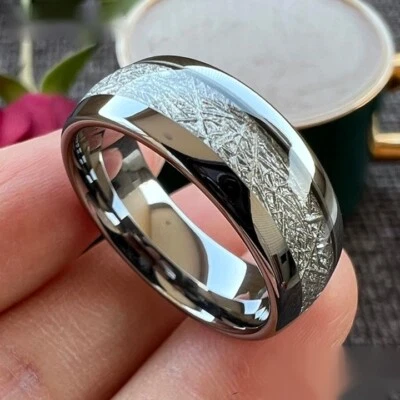 Anillo de boda pulido abovedado con incrustación de meteorito anillo de carburo de tungsteno de 8 mm para hombres y mujeres Foto 1 de 4