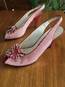 Bally Vintage Pumps Red White Stripe Pom Pom shoes Size 7.5 Narrow Heels - Picture 1 of 8
