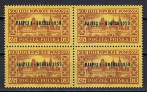 Poland MNH 1959 Mi 1118 Sc 866 Gdansk , Overprinted in Blue / Block of 4 ** - Picture 1 of 2