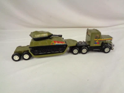 Vintage Buddy L Military Steel & Plastic Lowboy Trailer & Tractor w/ HQ4929 Tank - Image 1 of 4