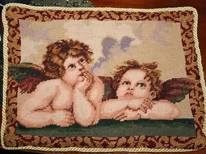 Wool Needlepoint Pillow COVER Two Cherubs Angel Cherub Raphael 15" x 11" - Picture 1 of 6